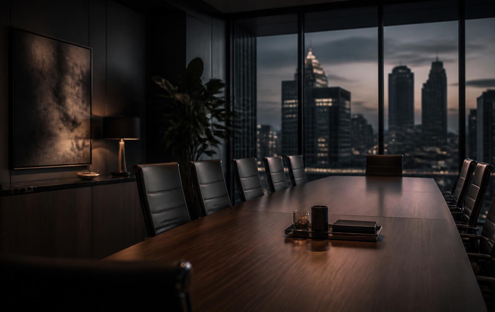 Empty executive boardroom at dusk with a long conference table and city skyline beyond the windows